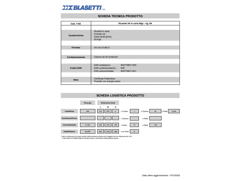 Ricambi Blasetti A4 - 50 fogli - rigatura A 1183