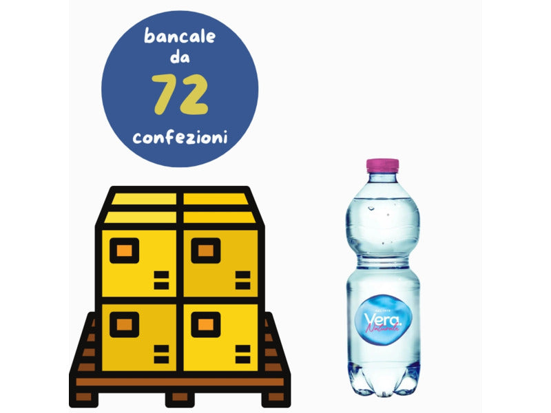 Bancale composto da 72 confezioni da 24 bottiglie realizzate in PET di Acqua Vera naturale nella versione 500 ml. Formato ''On The Go'' ideale per essere trasportato ovunque: a scuola, al lavoro oppure in viaggio.