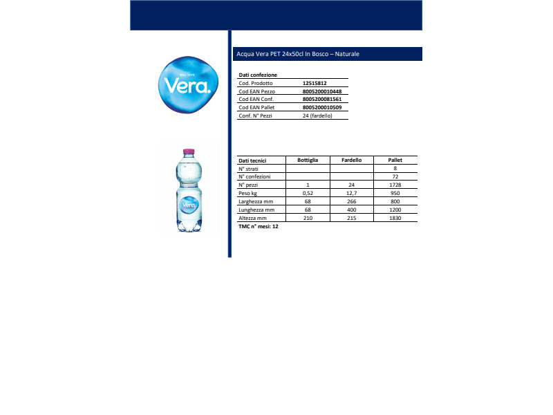 Acqua minerale VERA Naturale 500 ml - conf. 24 pezzi
