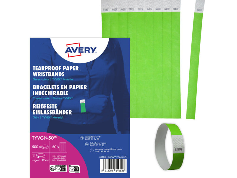 Braccialetti identificativi in Tyvek® Avery resistenti all'acqua - conf. 500 pz - verde fluo - TYVGN-50