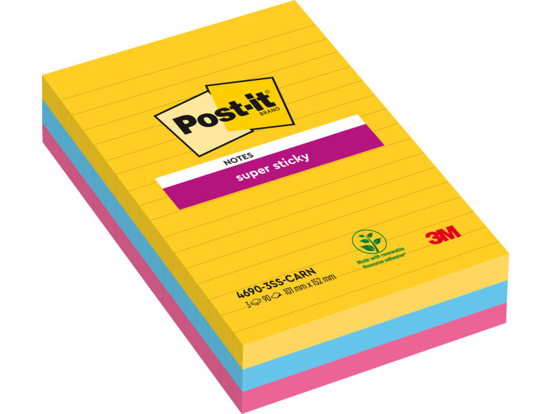 Foglietti Post-it® Super Sticky XXL Carnival a righe assortiti conf. 3 blocchetti da 90 ff - 4690-SS3CAR-EU