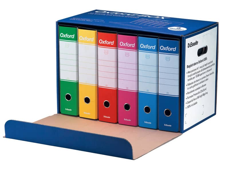 Registratori con custodia Esselte Oxford Box G85 protocollo 54,5x36,5 cm - dorso 8 cm assortiti conf. da 6