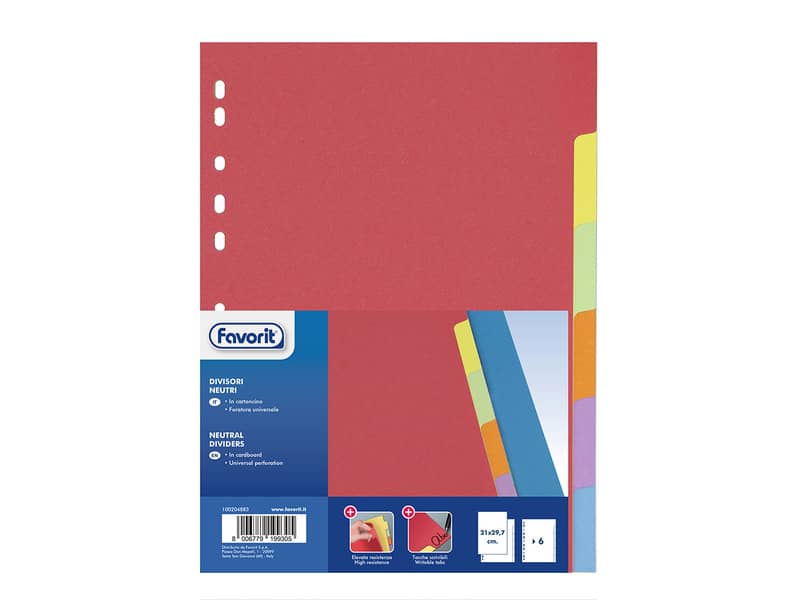 Divisore in cartoncino Favorit 6 tacche neutre colorate 21x29,7 cm assortiti