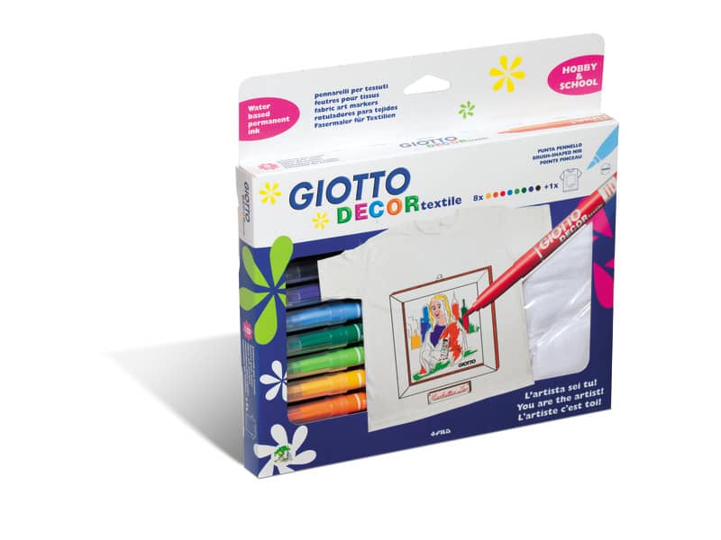 Pennarelli per tessuti GIOTTO Decor Textile tratto fine 1-3 mm assortiti astuccio da 8 + t-shirt bianca