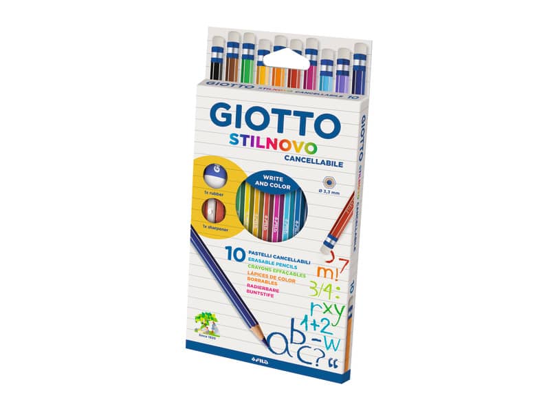 Matite colorate GIOTTO Stilnovo Cancellabile assortiti-astuccio da 10 con maxigomma e temperino
