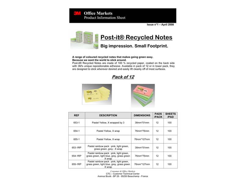 Foglietti Post-it® Notes in carta riciclata assortiti pastello conf. Torre da 24 blocchetti da 100 ff - 653-1RPTN
