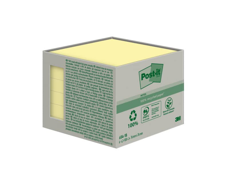 Foglietti riposizionabili Post-it® Notes carta riciclata Giallo Canary™ - 76x76 mm - 6 blocchetti da 100 ff - 654-1B
