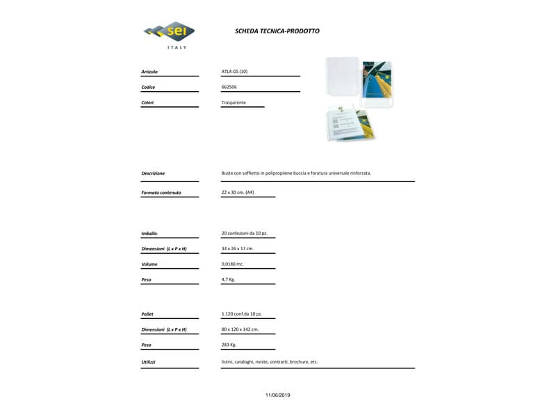 Buste con soffietto in PP Sei Rota Atla GS A4 foratura universale - trasparenti PP - Conf. 10 pz.