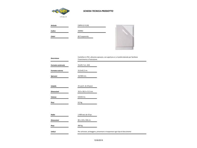 Cartelline a L in PVC Sei Rota Capri 61 R altissimo spessore - trasparente A4 - conf. 10 pezzi
