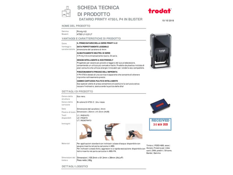 Datario autoinchiostrante con testo RICEVUTO TRODAT PRINTY ECO 4750/L in plastica 41x24 mm