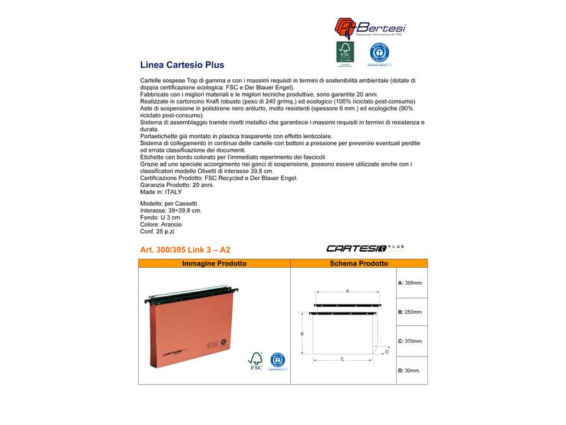 Cartelle sospese orizzontali per cassetti CARTESIO PLUS 39 cm fondo U3 arancio Cf. 25 pz - 300/395 Link 3 -A2
