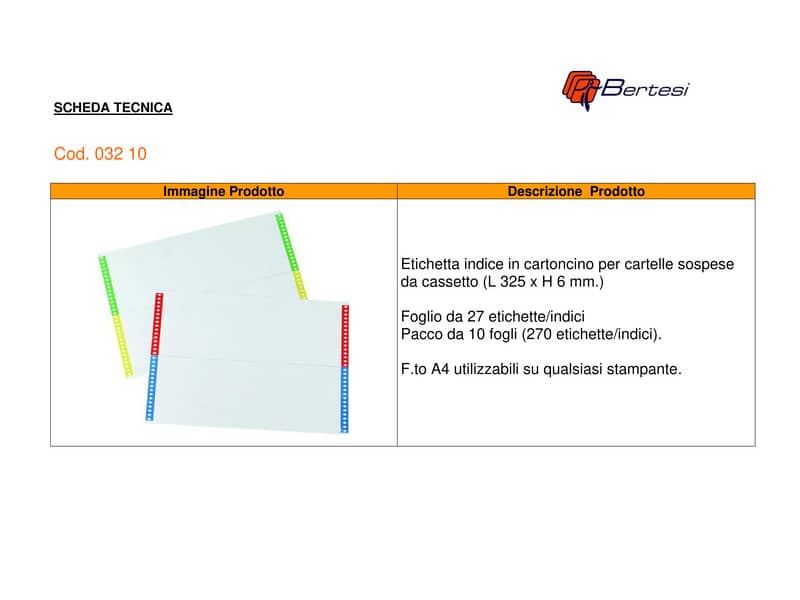 Cartoncini di ricambio BERTESI per cartelle sospese cassetto - ass.ti conf. 10 ff da 28 (280 cartoncini) - 032 10