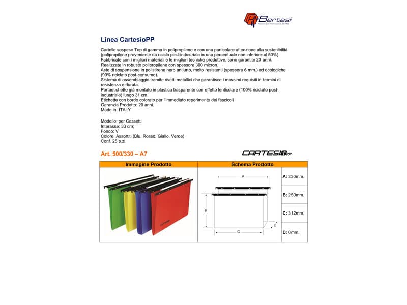 Cartelle sospese orizzontali per cassetti CARTESIO PP 33 cm fondo a V assortiti Conf. 25 pezzi - 500/330 -A7