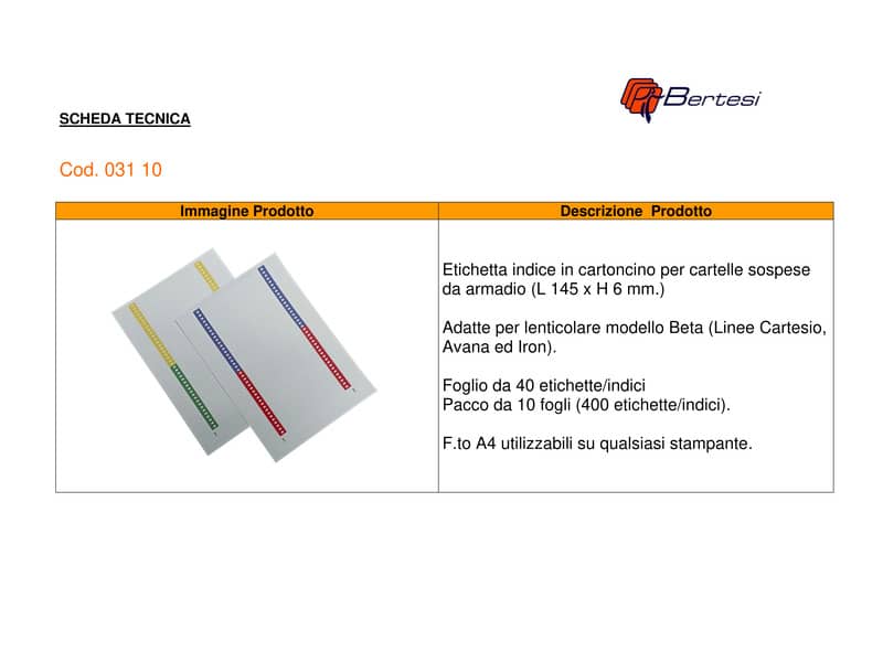 Cartoncini di ricambio BERTESI per cartelle sospese armadio mod. Beta conf. 10 ff da 40 (400 cartoncini) - 031 10