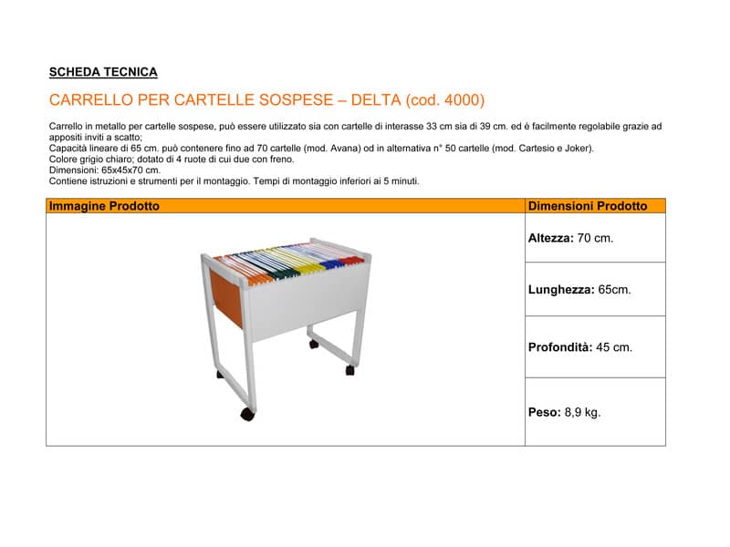 Carrello per cartelle sospese DELTA grigio - 65x45x70 cm 4000