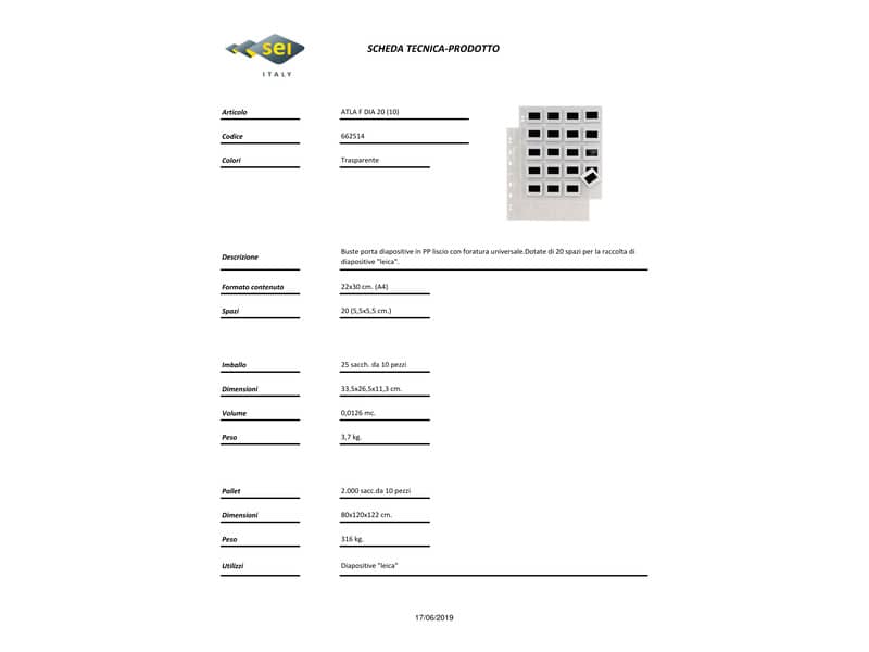 Buste a foratura universale Sei Rota Atla F per diapositive 20 spazi 5,5x5,5 cm trasparente conf.10 buste