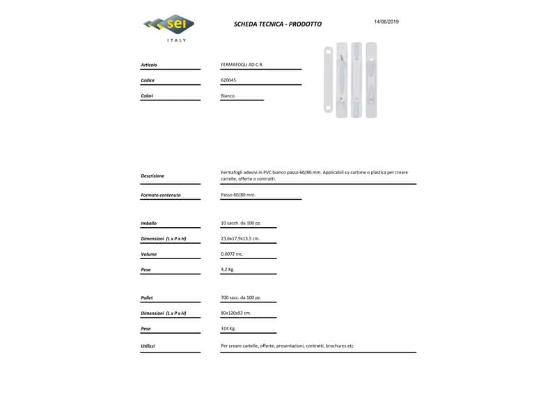 Fermafogli adesivi fastener Sei Rota con pressino bianco - passo 80 mm - conf. 100 pz.