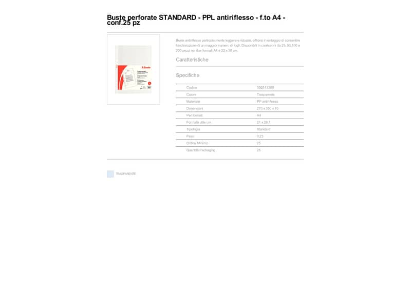Buste a perforazione universale goffrate Esselte STANDARD PP antiriflesso trasparente A4 conf.25
