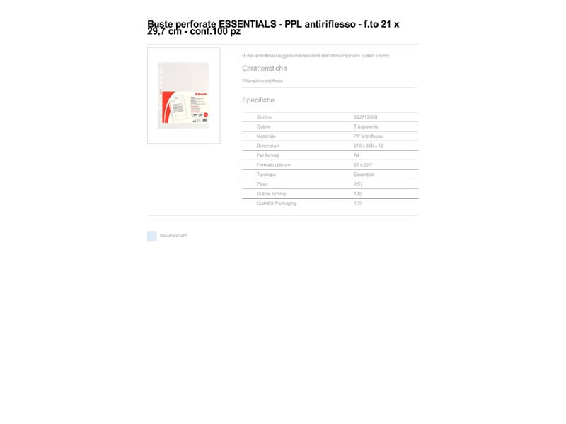 Buste a perforazione universale goffrate Esselte ESSENTIALS PP antiriflesso trasparente A4 conf.100