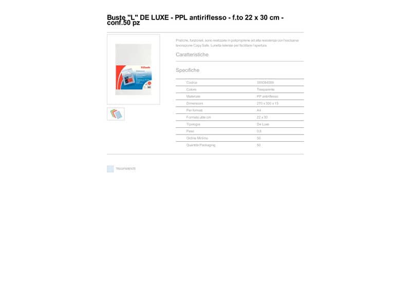 Buste a L non perforate Esselte DE LUXE 22x30 cm trasparente antiriflesso goffrata - conf.50