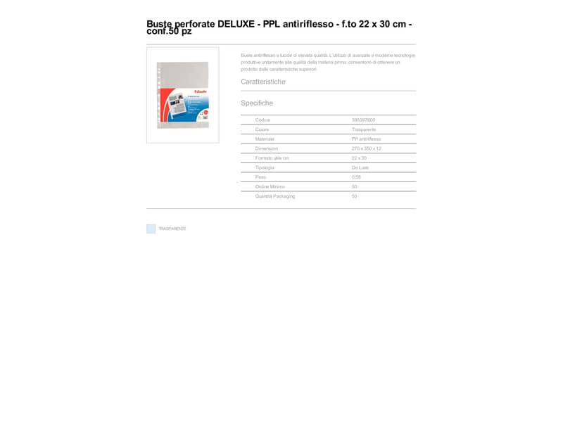 Buste a perforazione universale goffrate Esselte DELUXE 22x30 cm trasparente antiriflesso conf.50