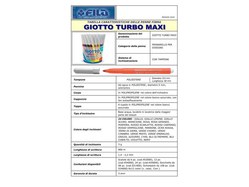 Pennarelli GIOTTO Turbo Maxi punta grossa in fibra 5 mm assortiti Schoolpack da 108 - F524000