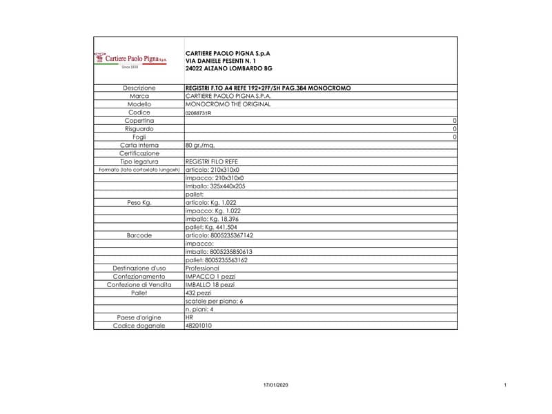 Registro 194 fogli Pigna Monocromo A4 1R 02068731R
