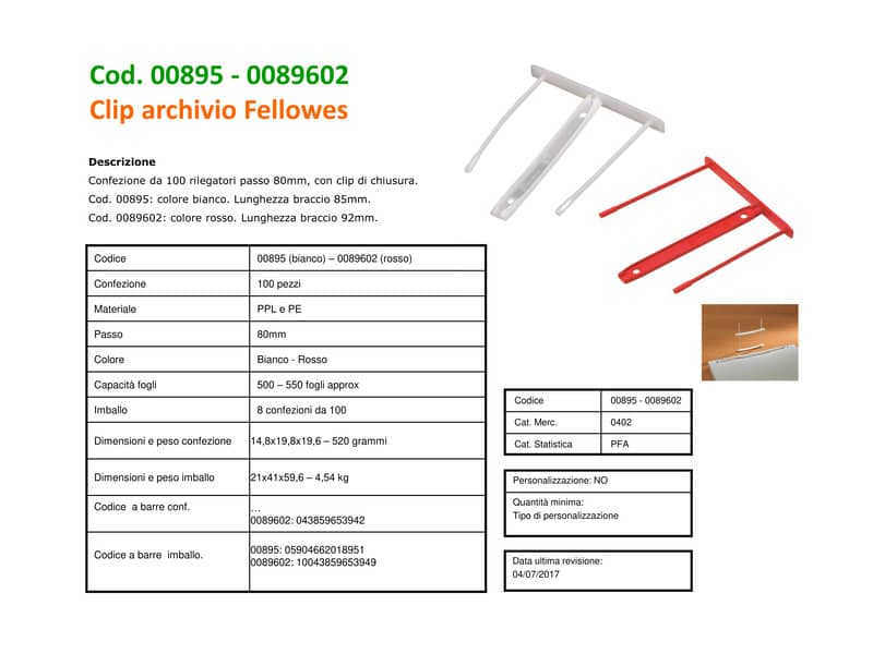 Fastener Fellowes passo 80 mm bianco conf. 100 pezzi