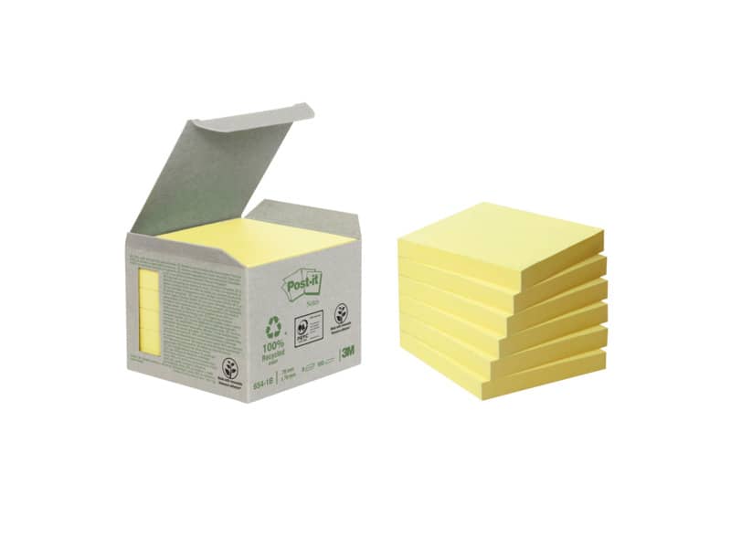 Foglietti riposizionabili Post-it® Notes carta riciclata Giallo Canary™ - 76x76 mm - 6 blocchetti da 100 ff - 654-1B