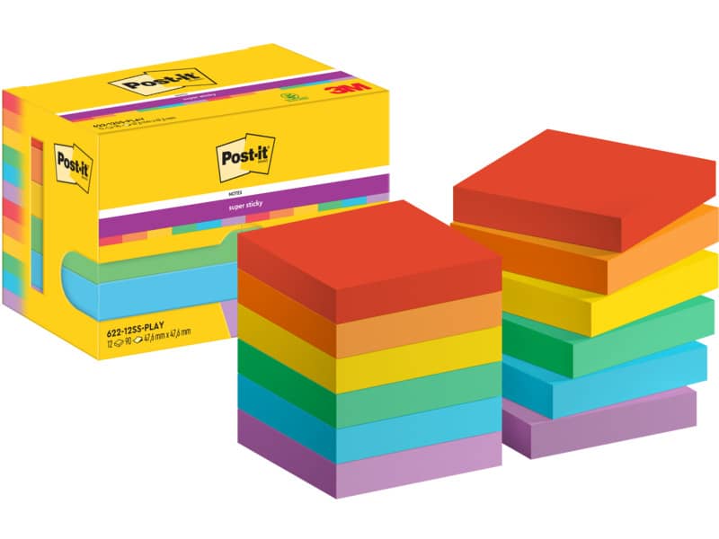 Foglietti Post-it® Super Sticky Playful conf. 12 blocchetti da 90 ff - 47,6x47,6 mm - 622-12SS-PLAY
