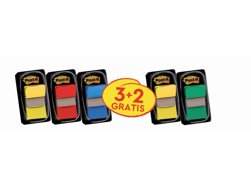 Segnapagina Post-it® index 680 con dispenser - 24,5x43,6 mm Value pack 3+2 rosso, verde, giallo, blu - 680-3+2