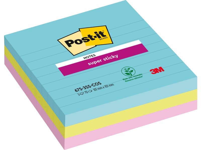Foglietti riposizionabili Post-it® Super Sticky Cosmic a righe assortiti conf. 3 blocchetti da 70 ff - 675-3SS COS
