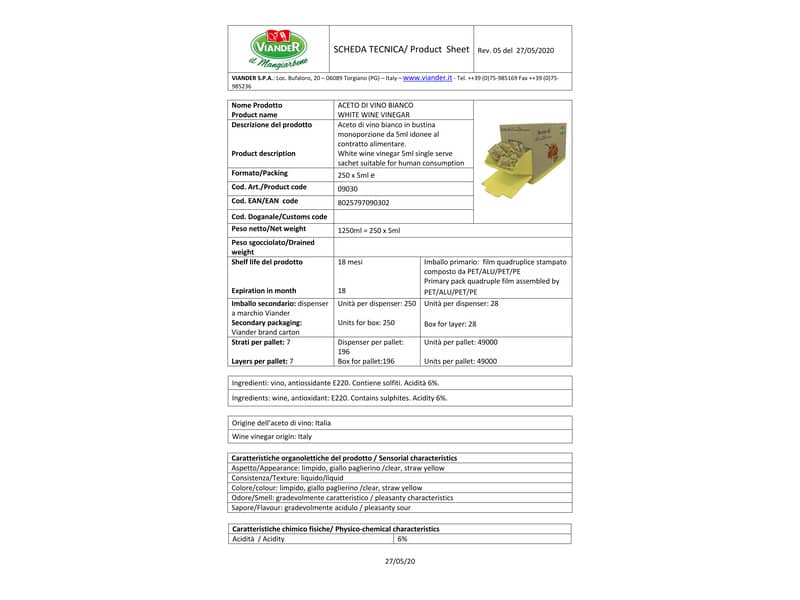 Aceto di vino bianco VIANDER in bustina monoporzione da 5ml Conf. 250 pezzi - 01-0036