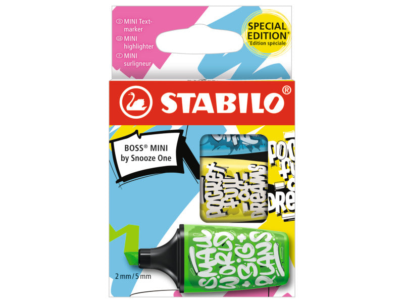 Astuccio 3 evidenziatori Stabilo Boss Mini by Snooze One - colori assortiti verde, blu e giallo - 07/03-61