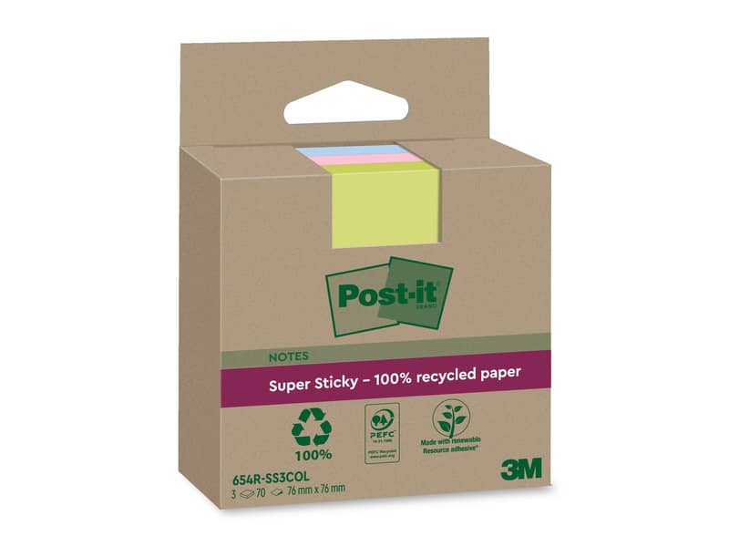 Foglietti riposizionabili Post-it®Super Sticky carta riciclata al 100% assortiti 76x76 mm - 3 blocchetti da 70 ff