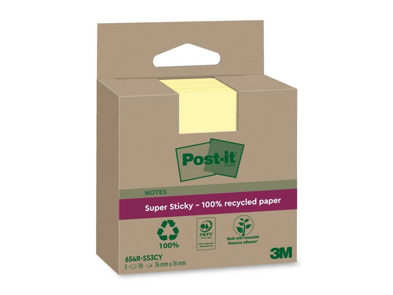 Foglietti riposizionabili Post-it® Super Sticky carta riciclata al 100% 76x76 mm Giallo Canary - 3 blocchetti da 70 ff