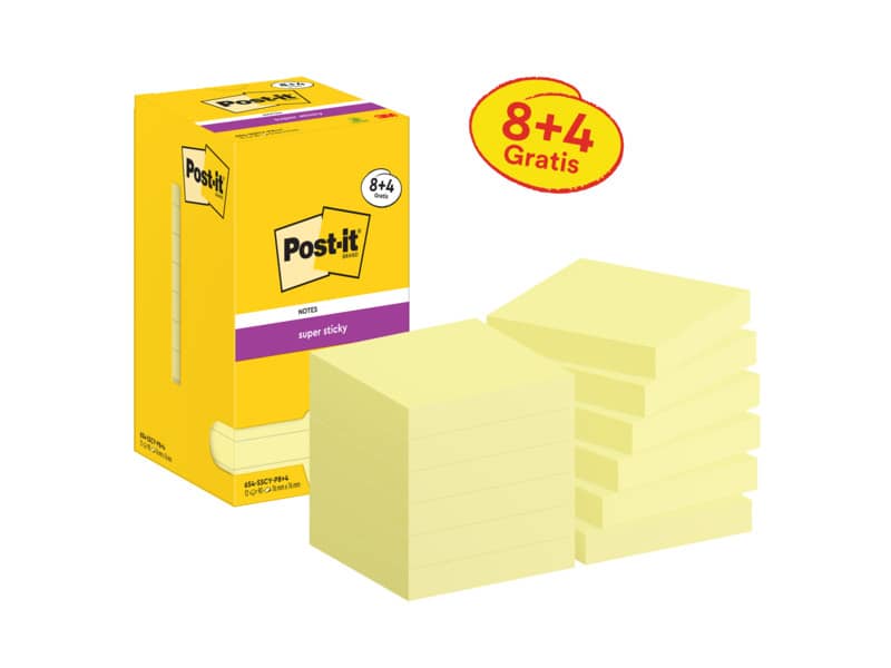 Value pack 8+4 Post-it®Canary Super Sticky 654 giallo - 76x76 mm - 654-SSCY-P8+4