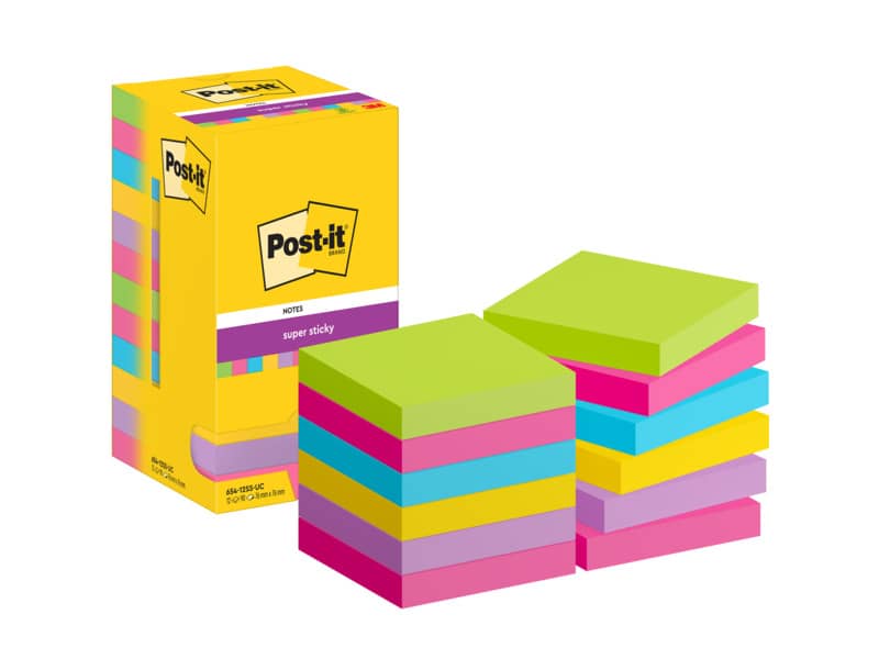 Foglietti Post-it® Super Sticky Notes 76x76 mm assortiti conf. 12 blocchetti da 90 ff - 654-12SS-UC