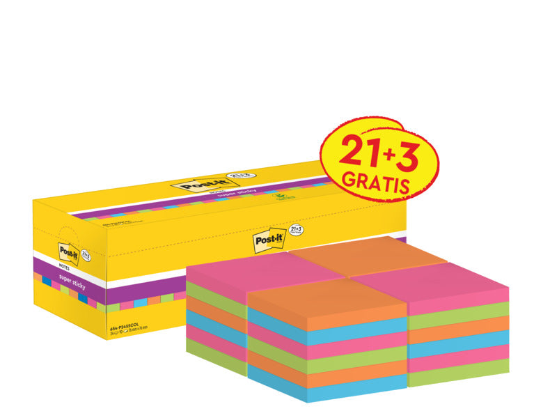 Foglietti Post-it® Super Sticky 76x76 mm colori assortiti neon Value Pack 21+3 blocchetti GRATIS - 654-P24SSCOL-EU