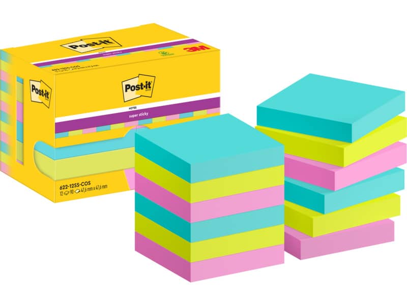 Foglietti riposizionabili Post-it® Super Sticky Cosmic 47,6x47,6 mm assortiti conf. 12 blocc. da 90 ff - 622-12SS-COS