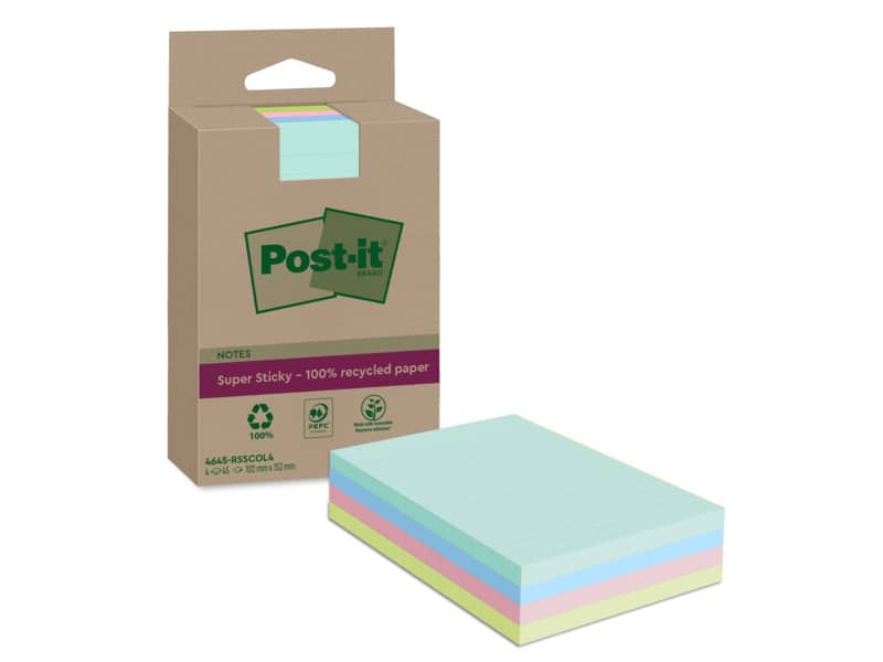 Foglietti Post-It® Super Sticky In carta riciclata al 100% a righe 102x152 mm 45 fogli/blocchetto conf. 4 pz assortiti