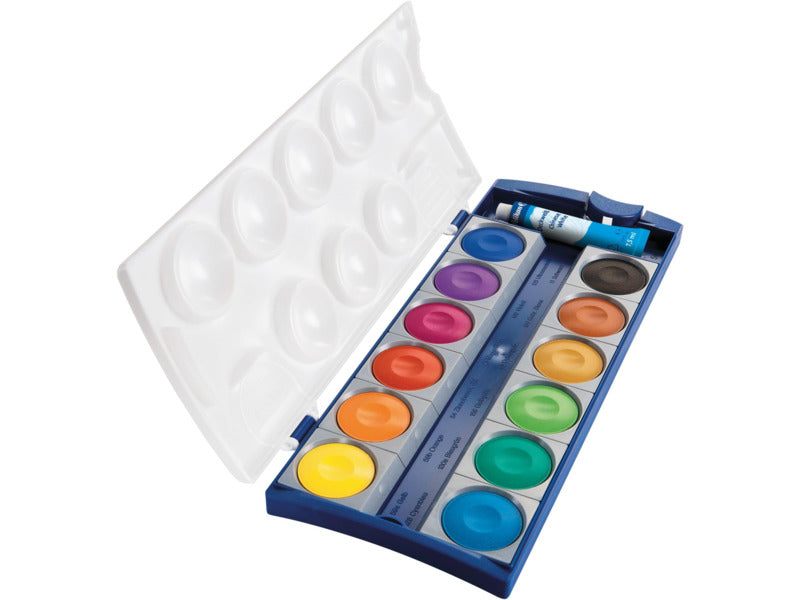 Acquarelli Pelikan Premium K12 - 12 godet assortiti con tubetto da 7,5 ml di bianco + tavolozza