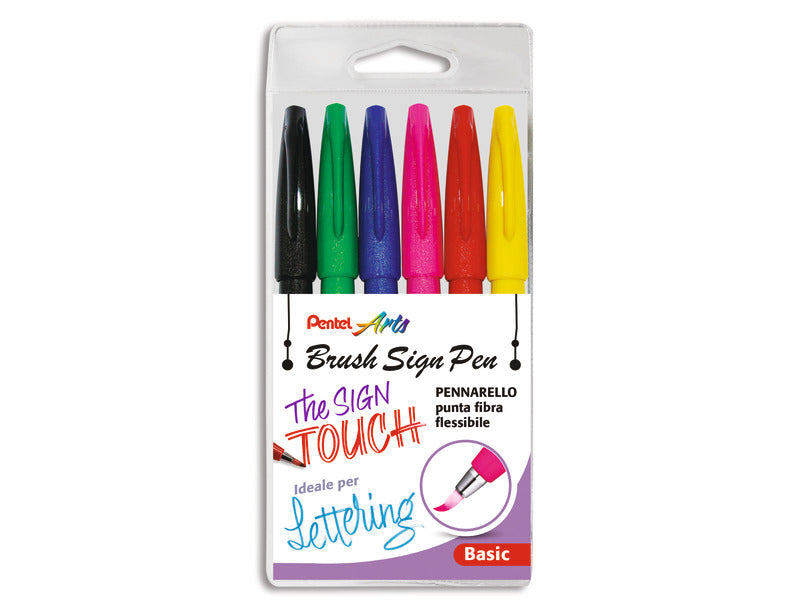 Brush Sign Pen Pentel pennarello con punta in fibra in blister 6 colori assortiti