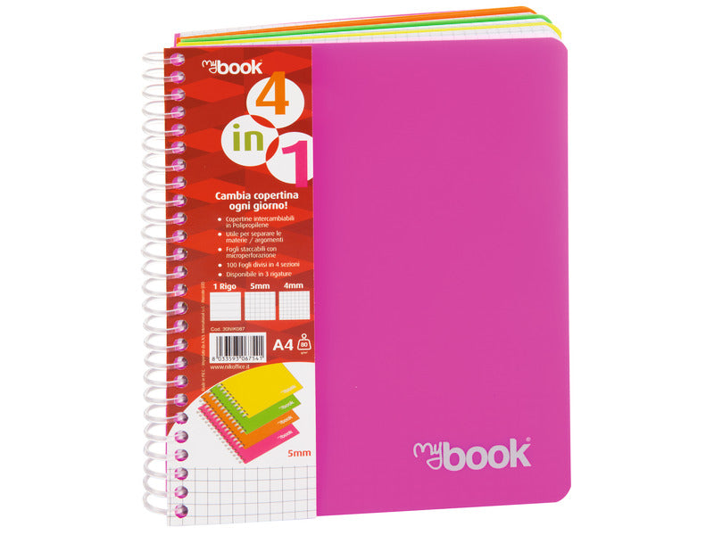 Quaderno Maxi spiralato con fori e copertina 4 in 1 Nikoffice A4 - 100 ff - 80 g 1R - 30NIK083