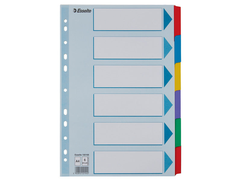 Divisori intercalari Esslete Mylar A4 - conf. 20 ff da 6 tasti colorati cad.