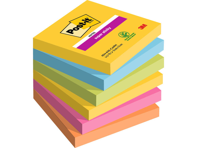 Foglietti Post-it® Super Sticky Carnival - conf. 6 blocchetti da 90 ff 76x76 mm - 654-6SS-CAR