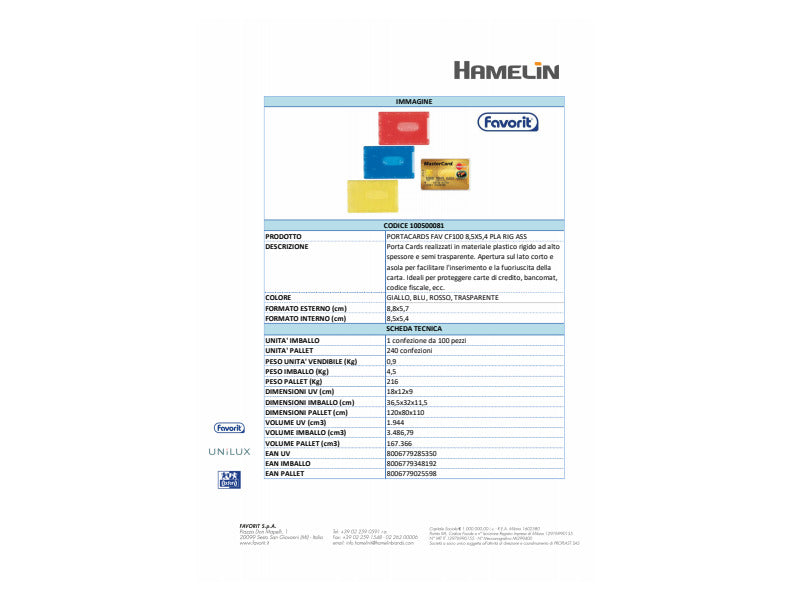 Porta Cards FAVORIT rigidi ad alto spessore 8,8x5,7 cm assortiti conf. da 100