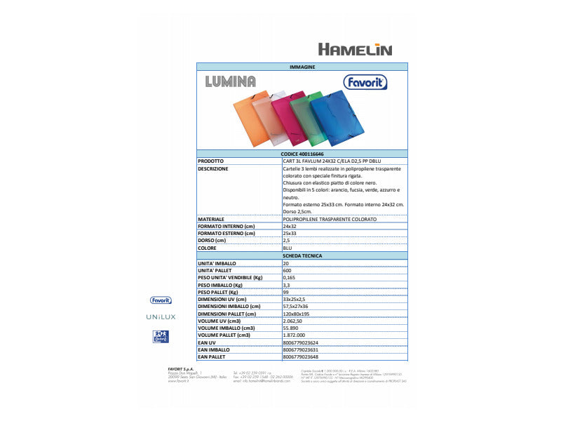 Cartellina a 3 lembi con elastico FAVORIT Lumina 24x32 cm dorso 2,5 cm