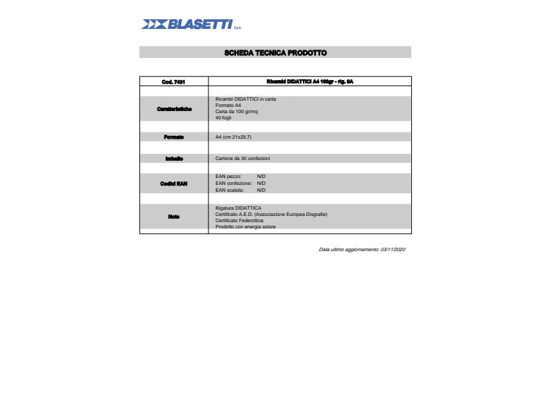 Ricambi in PVC Blasetti Didattico per quaderni ad anelli A4 - 100 g/m2 - 40 ff - 0A - 7431