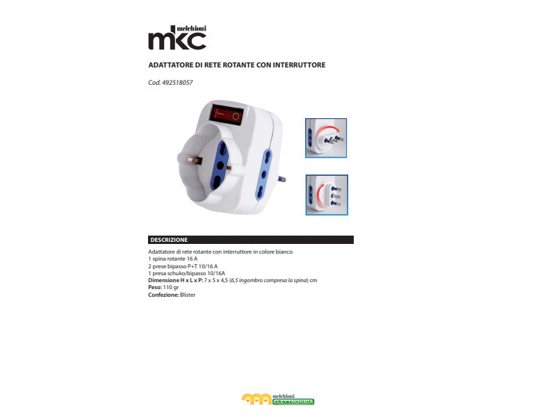 Adattatore rotante spina 16A 2 Prese 2P+T 10/16A bipasso+1 Presa bipasso/schuko MKC con interruttore